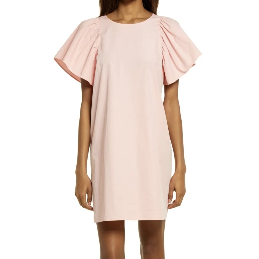 Madewell New Poplin Flutter Sleeve Shift Dress Pink Puff Sleeve Cotton Sz Med